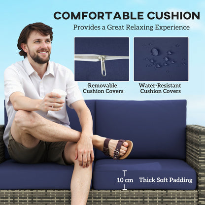 Outsunny Rattan Sofa, 2 Seater Garden Furniture with Soft Padded Cushion and Armrests, Wicker Garden Loveseat for Patio, Navy Blue