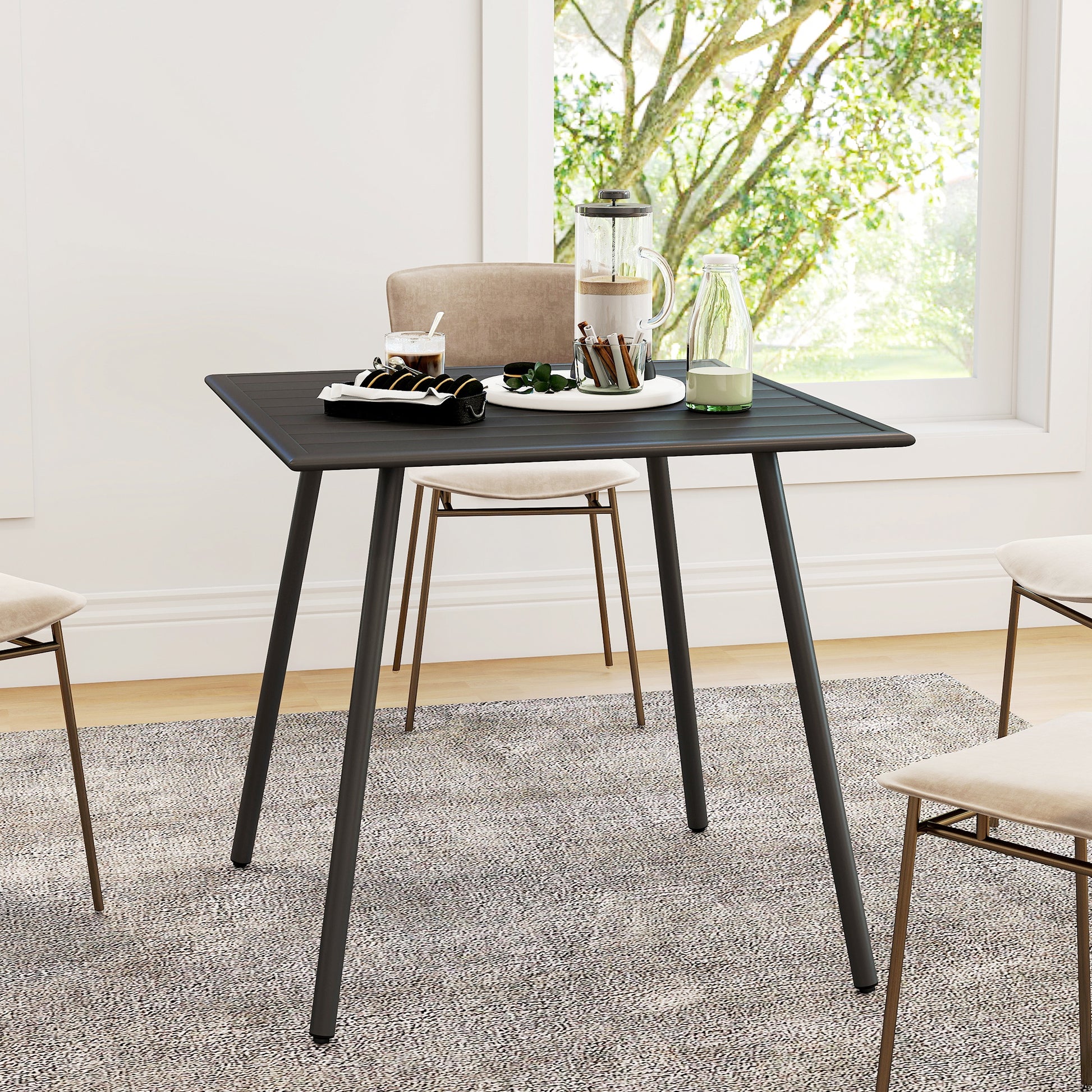 Outsunny Square Garden Table with Slat Top, Steel Frame, Outdoor Table for 4 Person, 80 x 80 x 74 cm, Black