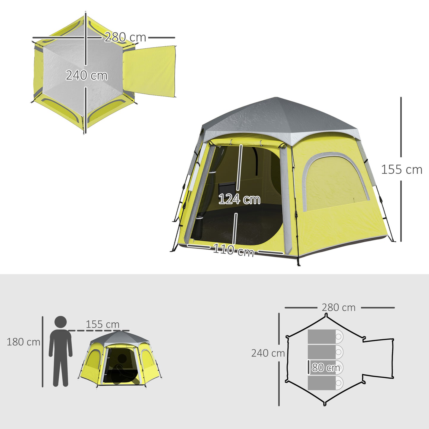 Outsunny Instant Camping Tent, 2/3/4 Person Easy Setup Dome Family Tent with Vestibule, Rainfly, 4 Mesh Windows & 2 Doors, Hexagonal Design, Waterproof & UV Protected, Yellow Green