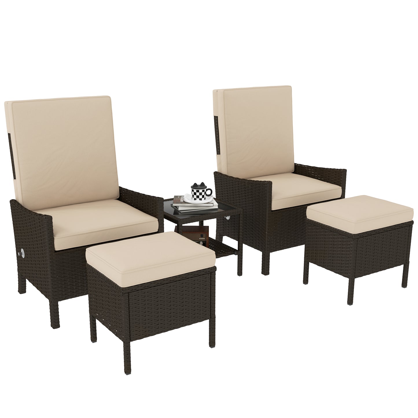 Outsunny 5 Piece Rattan Garden Furniture Set, Wicker Patio Sofa Set with 2 Armchairs, 2 Footstools, Glass Top Coffee Table with Shelf, Outdoor Furniture with Adjustable Backrests, Cushions, Khaki