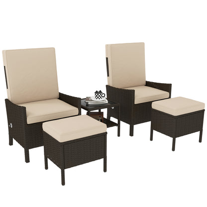 Outsunny 5 Piece Rattan Garden Furniture Set, Wicker Patio Sofa Set with 2 Armchairs, 2 Footstools, Glass Top Coffee Table with Shelf, Outdoor Furniture with Adjustable Backrests, Cushions, Khaki