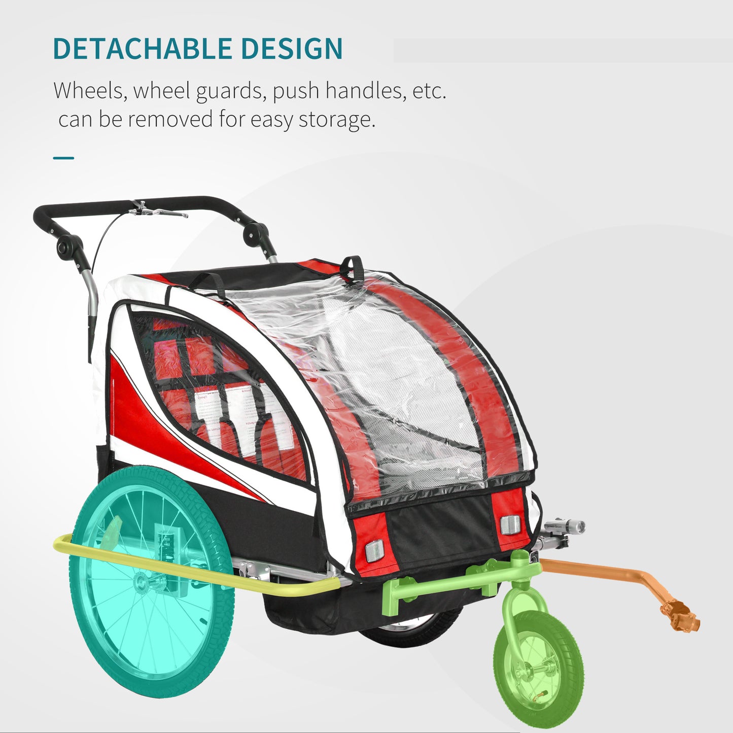 HOMCOM Child Bike Trailer Baby Bicycle Trailer 360° Rotatable for 2 Kids with Steel Frame LED Red