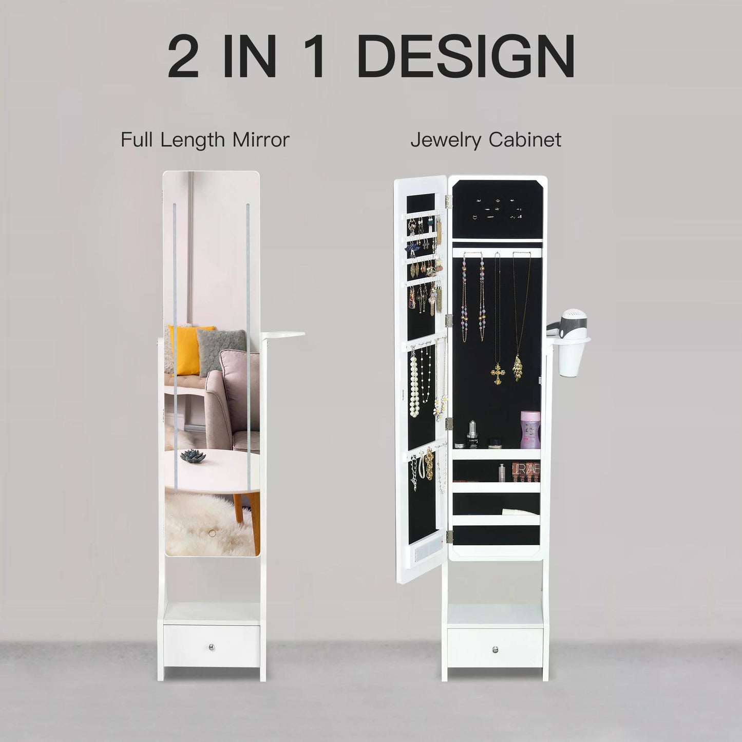 HOMCOM Freestanding Jewellery Cabinet Storage Mirror Armoire w/ LED Lights Hooks Drawer Hairdryer Holder Vanity Adjustable Bedroom Furnishing White