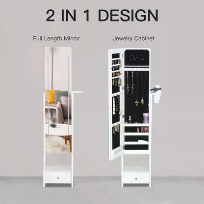 HOMCOM Freestanding Jewellery Cabinet Storage Mirror Armoire w/ LED Lights Hooks Drawer Hairdryer Holder Vanity Adjustable Bedroom Furnishing White