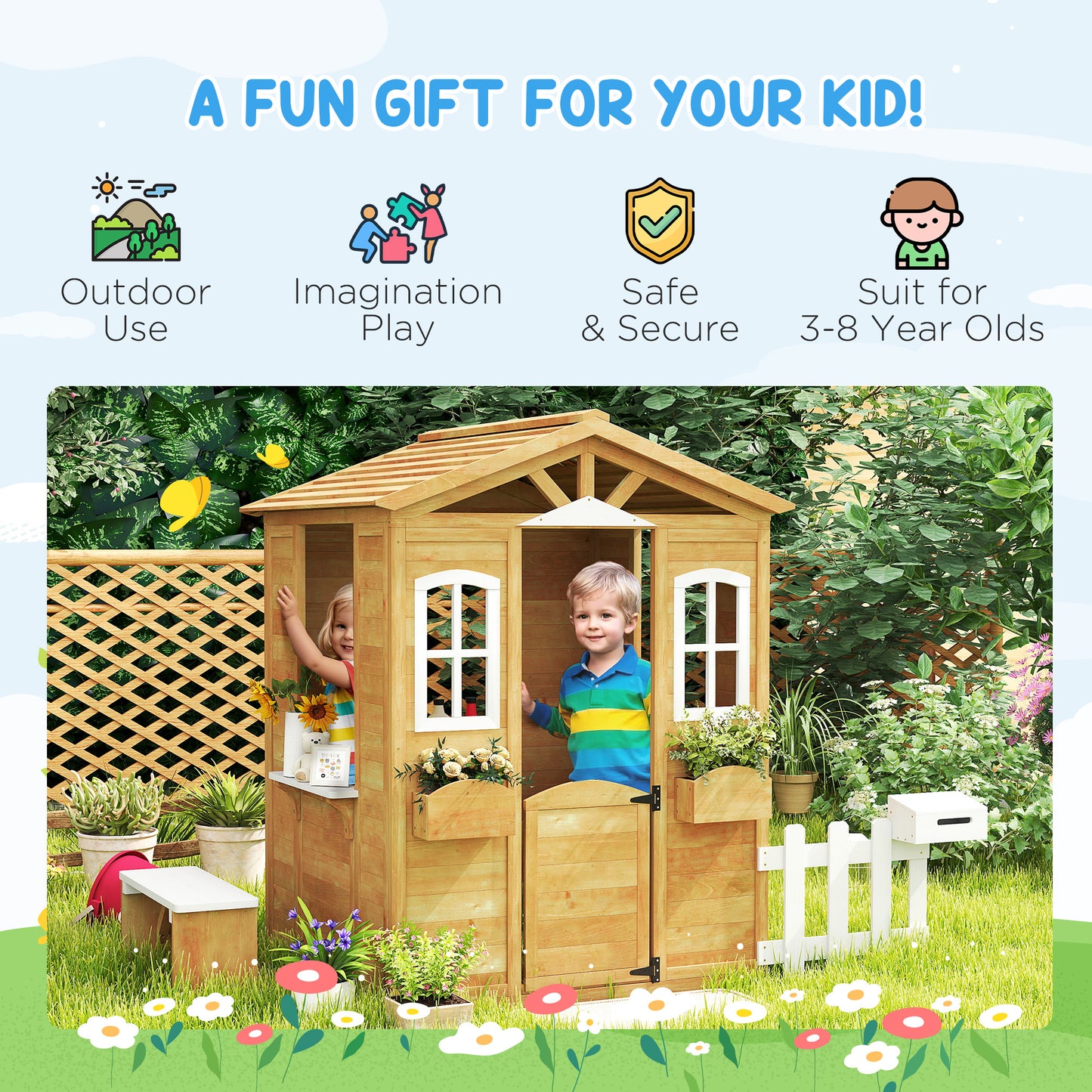 Outsunny Wooden Playhouse for Kids with Door, Windows, Mailbox, Flower Pot Holder, Serving Station, Bench for Children, Yellow