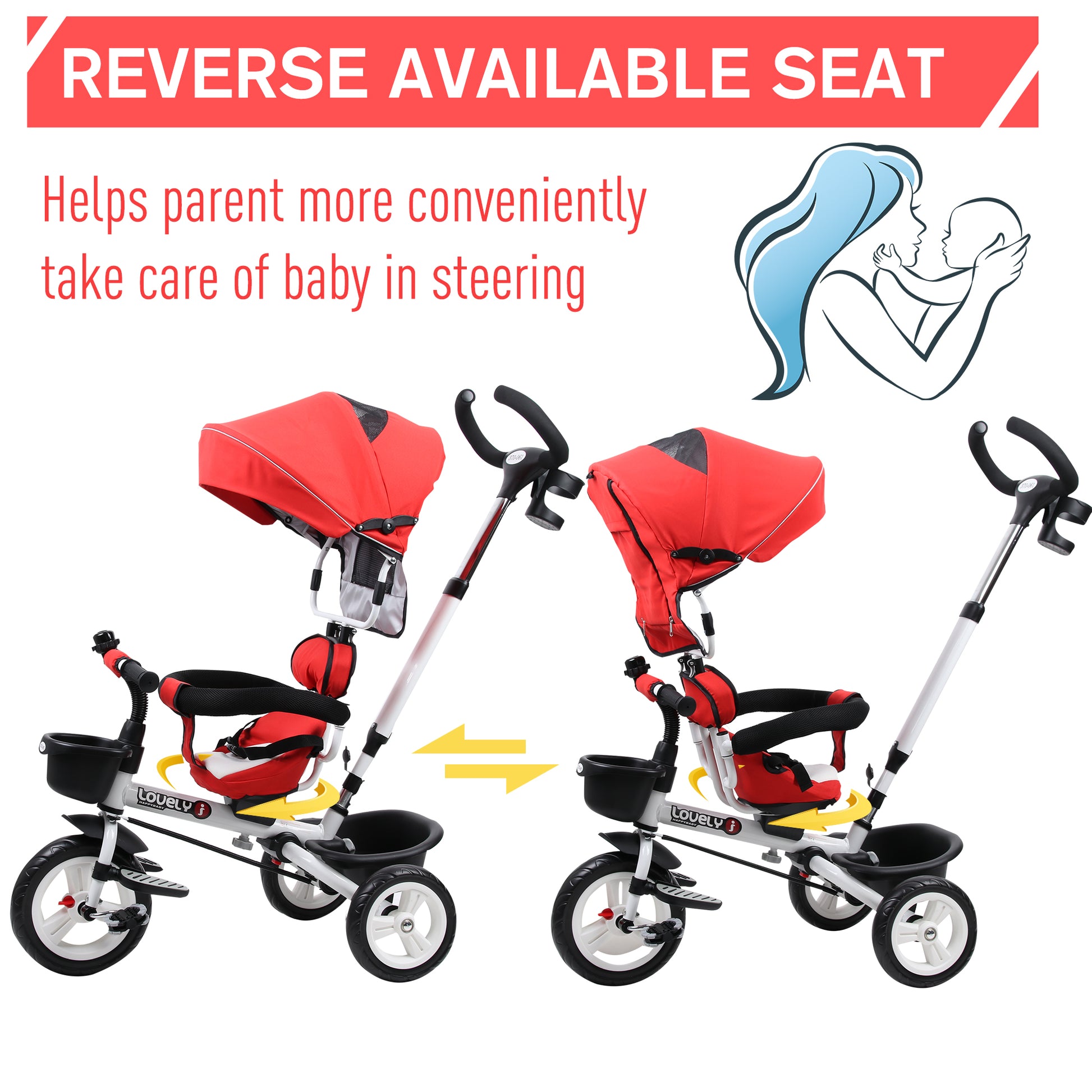 HOMCOM 4-in-1 Kids Tricycle Stroller W/ Canopy-Red