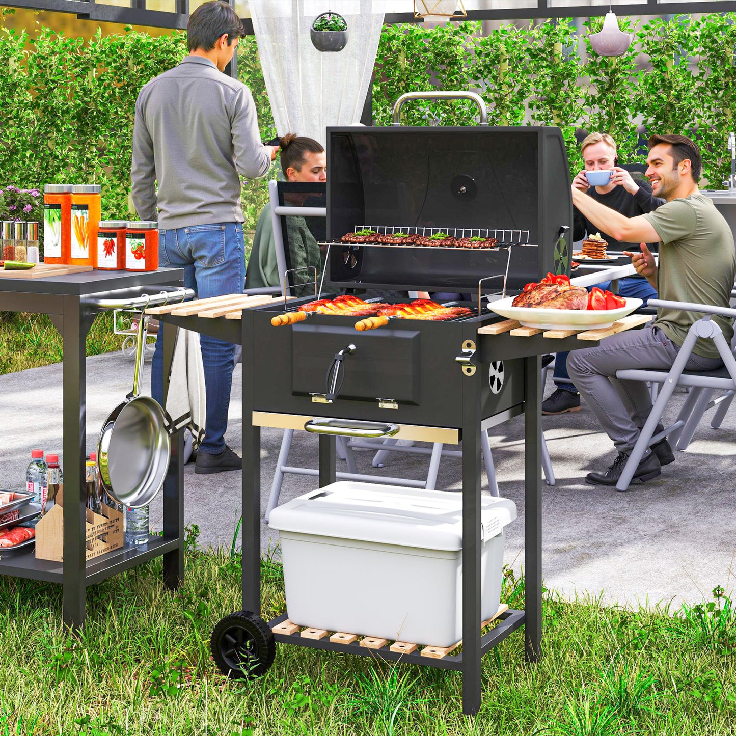 Outsunny Charcoal BBQ Grill with Height Adjustable Charcoal Pan, Portable Barbecue Smoker with Warming Rack, 3 Shelves, Temperature Gauge, Wheels, Bottle Opener for Outdoor Cooking Garden Party