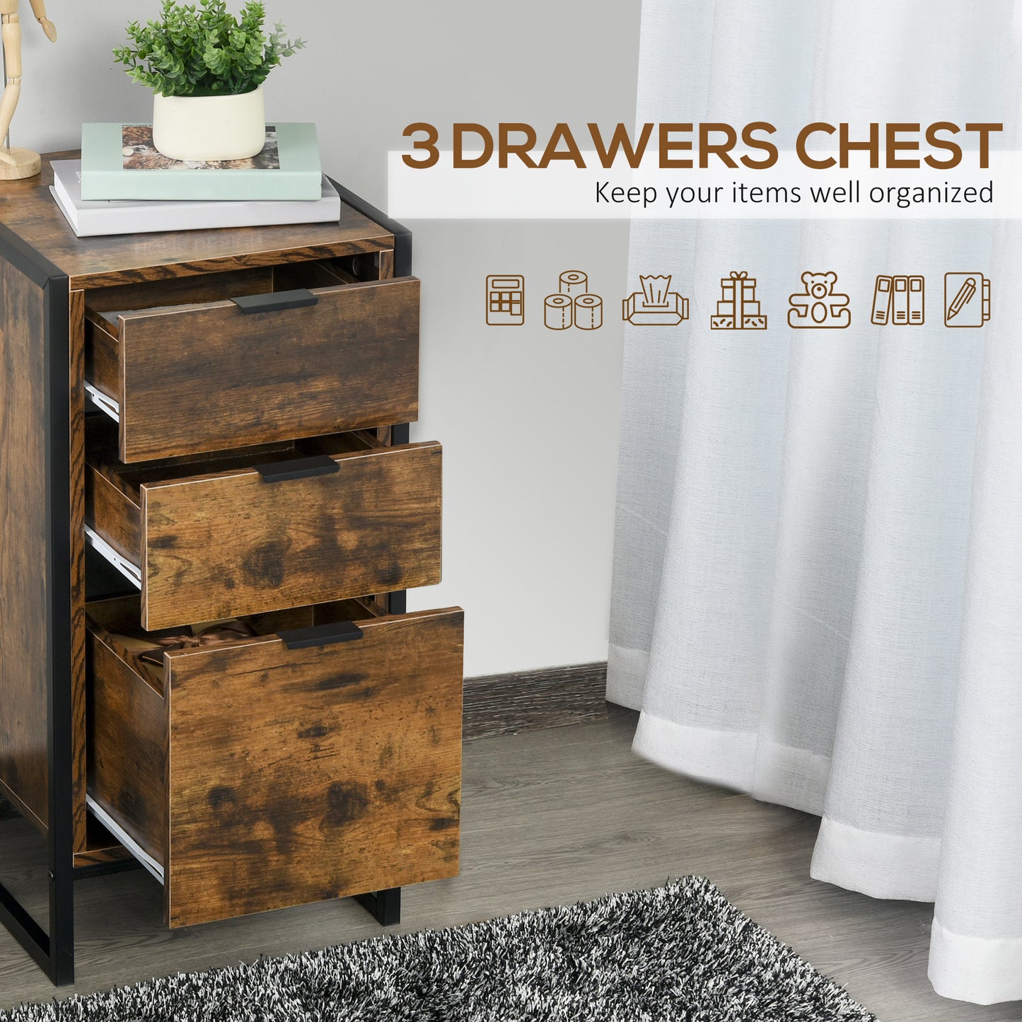 HOMCOM Industrial 3-Drawer Storage Chest Cabinet Organizer Metal Frame Freestanding Unit, Perfect for Bedroom Living Room, Brown