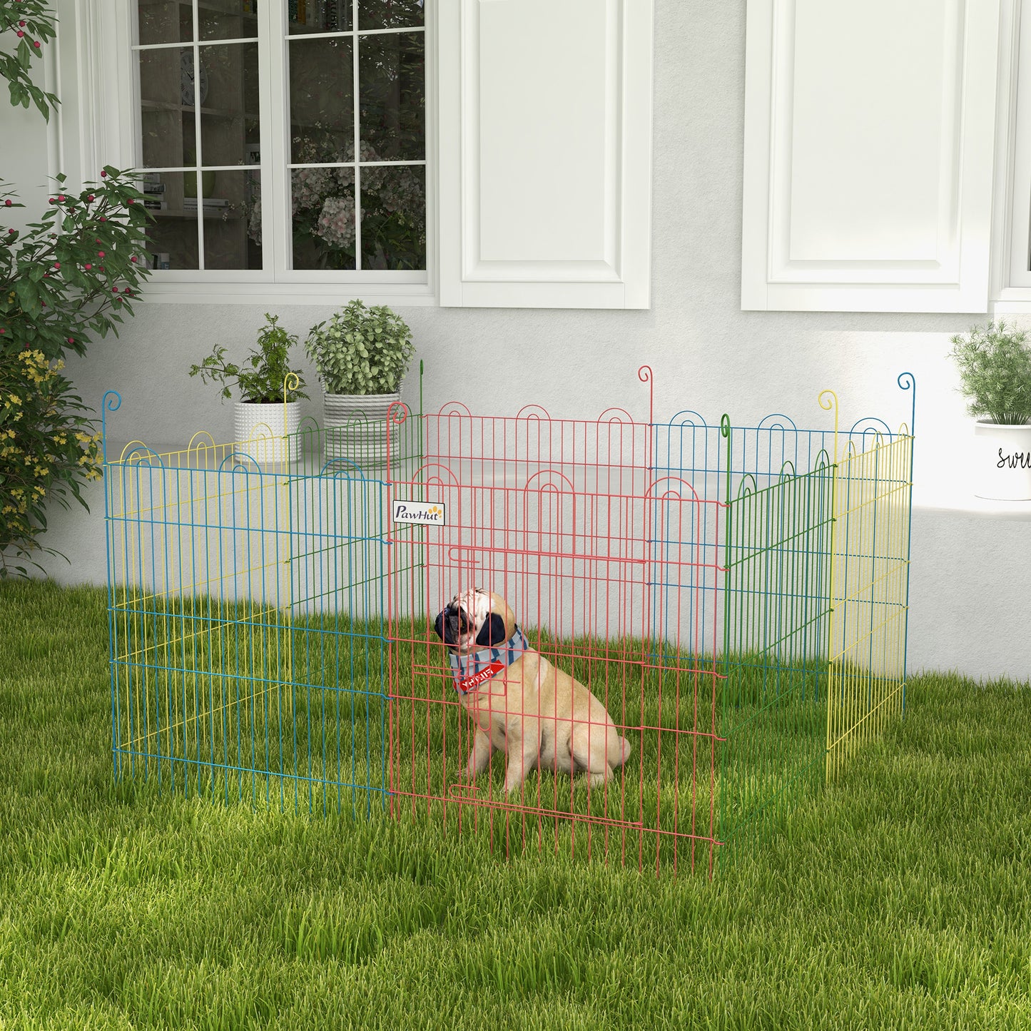 PawHut Pet Playpen Crate, with Eight Panels, Door, for Indoors and Outdoors, 60H x ?156cm