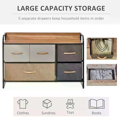 HOMCOM 5-Drawer Dresser, Linen Fabric Chest of Drawers, Dresser Tower Unit for Bedroom Hallway Entryway, Storage Organizer with Steel Frame Wooden Top