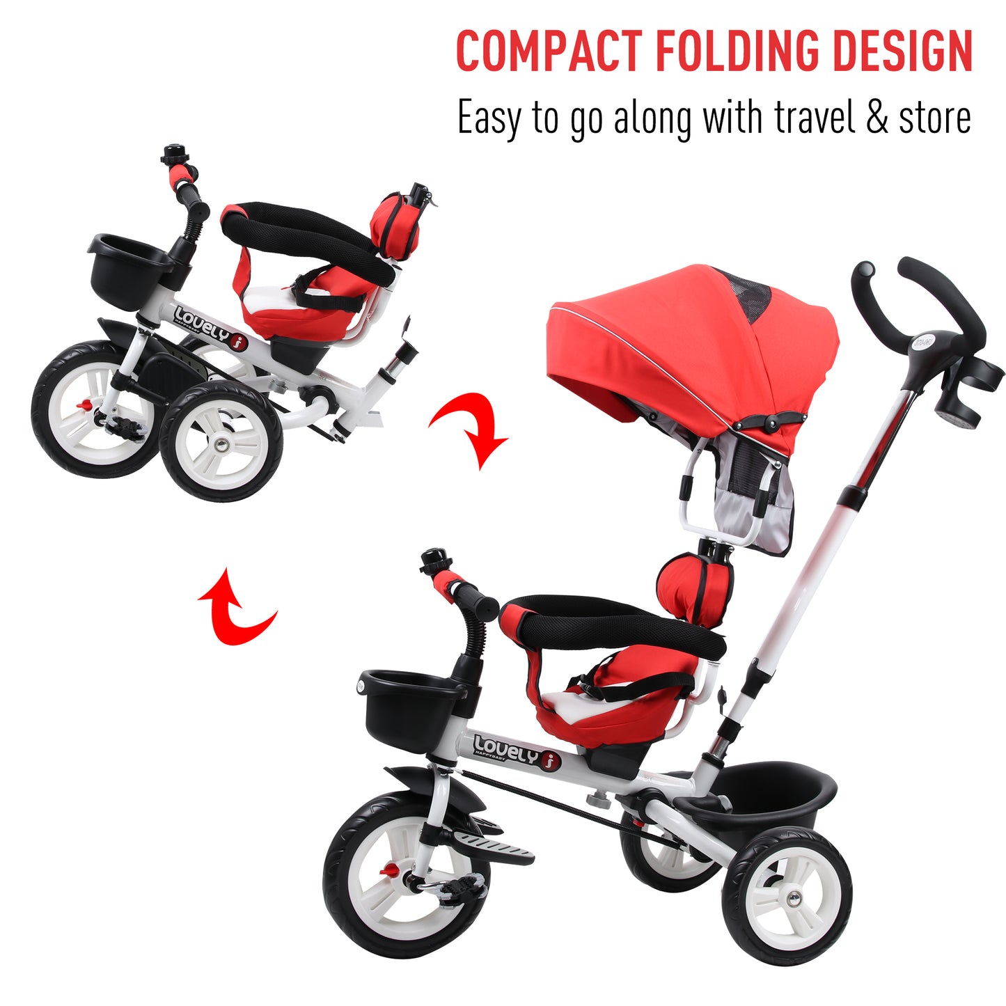 HOMCOM 4-in-1 Kids Tricycle Stroller W/ Canopy-Red