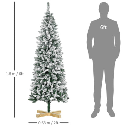 HOMCOM 6 Foot Snow Flocked Artificial Christmas Tree, Xmas Pencil Tree with 630 Realistic Branches, Auto Open, Pinewood Base, Green
