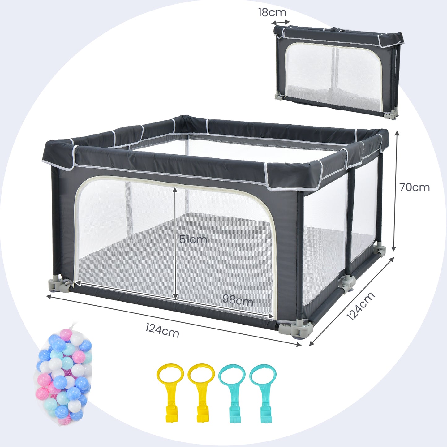 124 cm x 124 cm Folding Baby Playpen with Locking Devices-Dark Grey