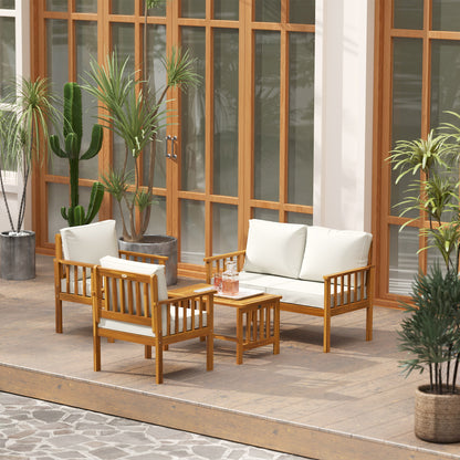 Outsunny Four-Piece Acacia Wood Garden Sofa Set - Teak/Cream