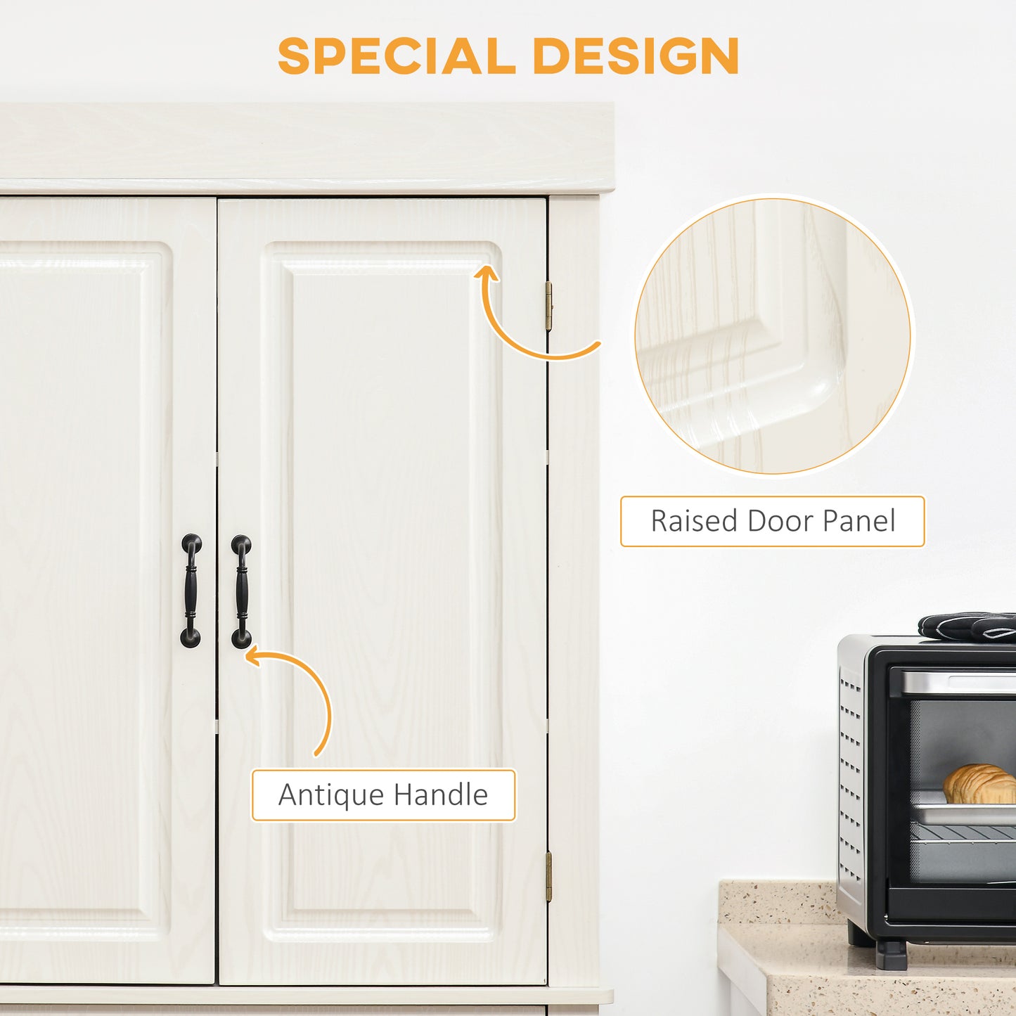 HOMCOM Kitchen Cupboard with 4 Doors, Freestanding Storage Cabinet with Wide Drawer and Shelves for Living Room, 180cm, White Wood Grain