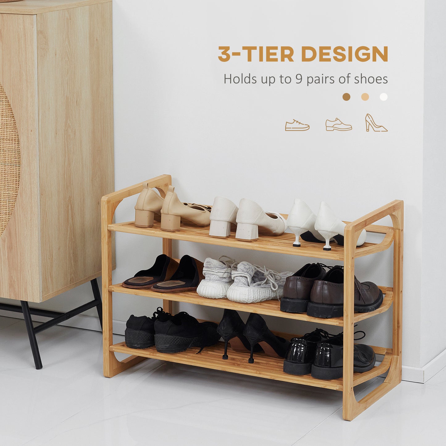 HOMCOM 3-Tier Shoe Rack, Bamboo Shoe Storage Organizer with Slatted Shelves, Free Standing Shoe Shelf Stand for 9 Pairs of Shoes for Entryway Natural