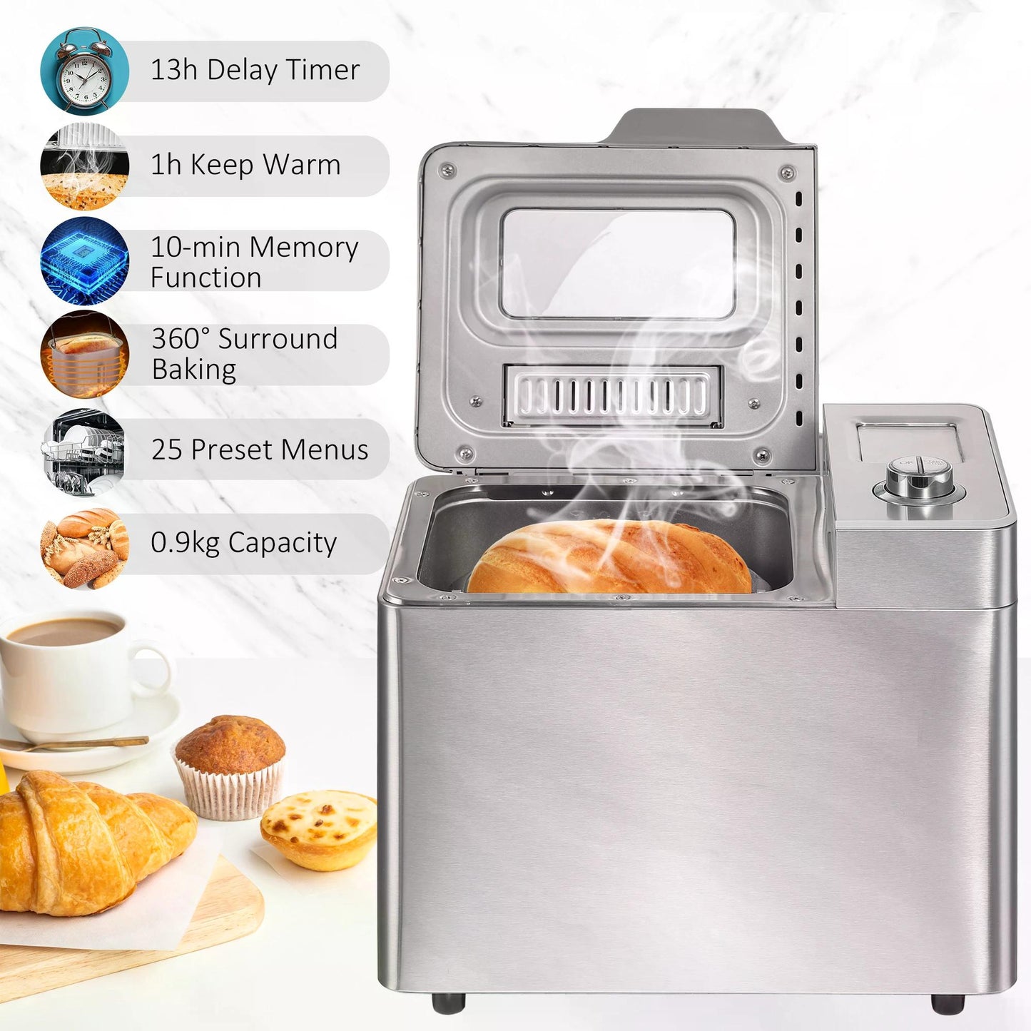 HOMCOM 25 in 1 Bread Machine 0.9 KG Capacity Programmable Stainless Steel Dough Maker with Auto Fruit Nut Dispenser Nonstick Pan 3 Loaf Sizes, 550W
