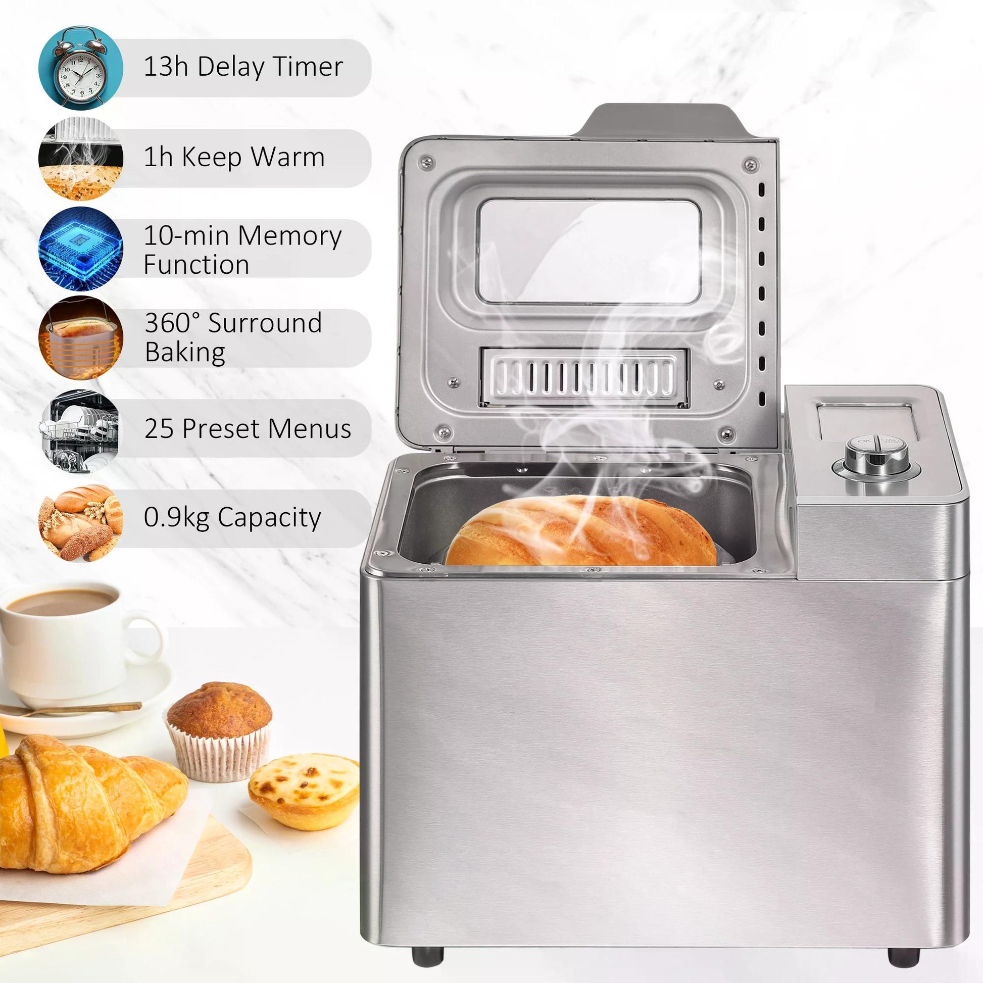 HOMCOM 25 in 1 Bread Machine 0.9 KG Capacity Programmable Stainless Steel Dough Maker with Auto Fruit Nut Dispenser Nonstick Pan 3 Loaf Sizes, 550W