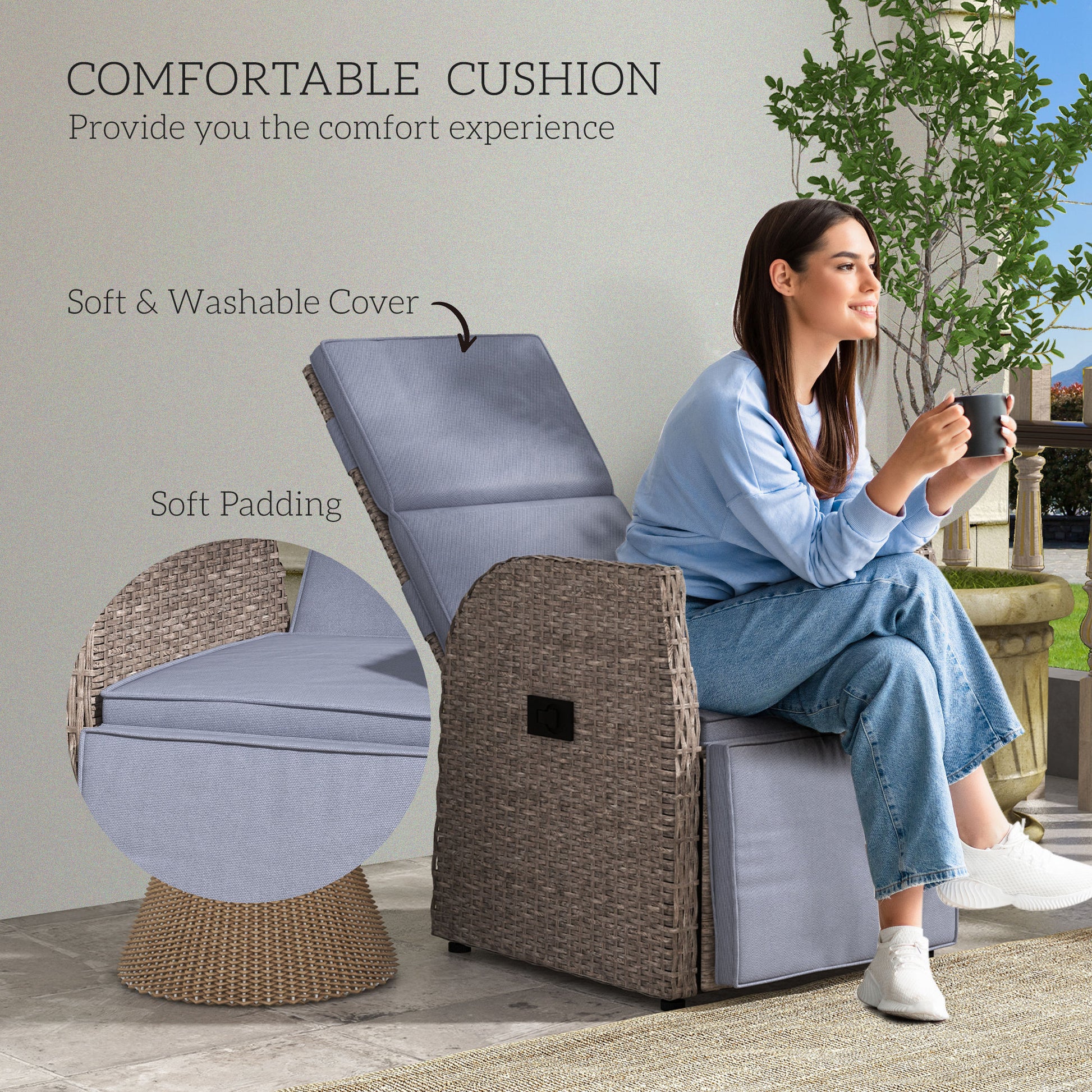 Outsunny 148° Reclining Rattan Garden Armchair, with Footrest - Brown/Grey