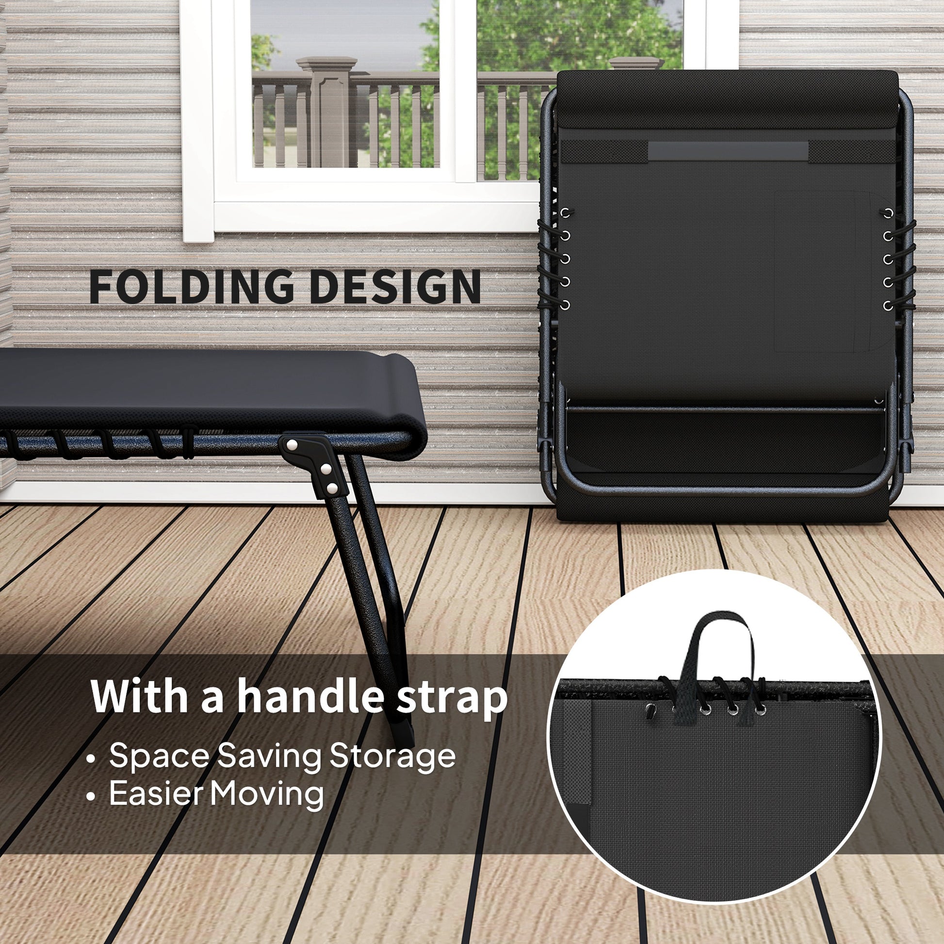 Outsunny Folding Sun Loungers Set of 2, Recliner Garden Chairs with Quick Drying Pad Headrest Side Pocket, Garden Sun Loungers for Beach Pool, Black