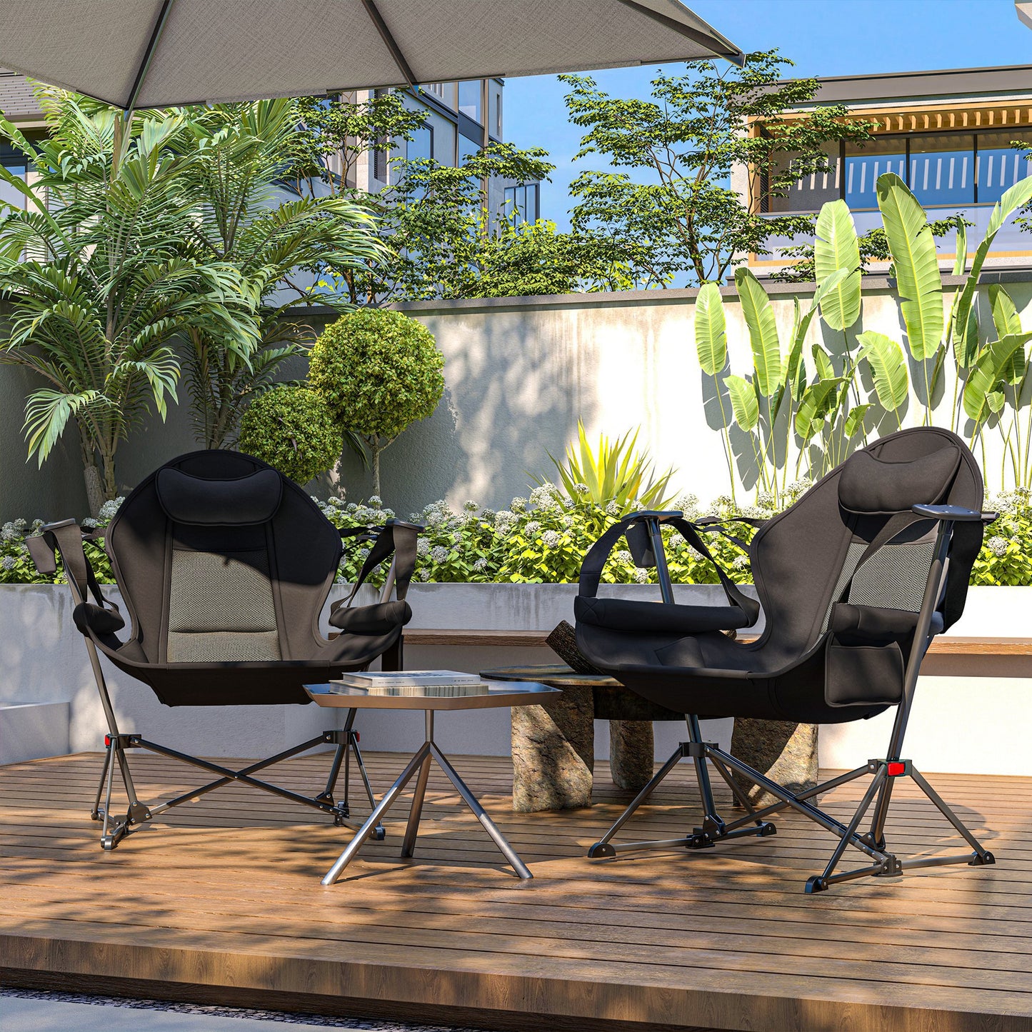 Outsunny Hammock Camping Chair Set of 2, Adjustable Back Swinging Camping Chair Portable Swinging Chair with Cup Holder, Headrest, Padded Seat and Carry Bag for Travel Fishing Hiking, Black