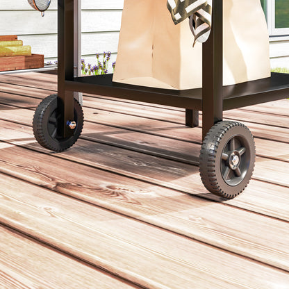 Outsunny BBQ Trolley with Stainless Steel Top and Foldable Side Table, Outdoor Kitchen BBQ Station with Hooks and Shelf, Pizza Oven Table Movable Outdoor Grill Dining Cart with Cover, Black