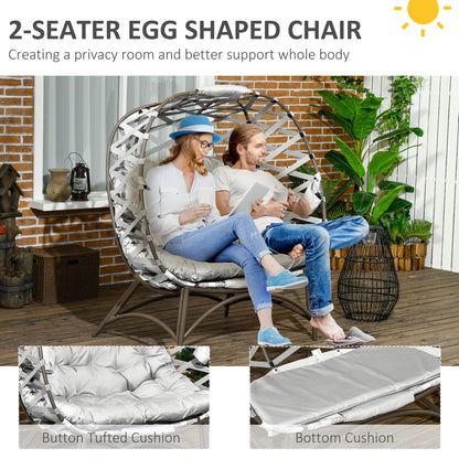 Outsunny 2 Seater Egg Chair Outdoor, Folding Weave Garden Furniture Chair with Cushion, Cup Pockets - Light Grey