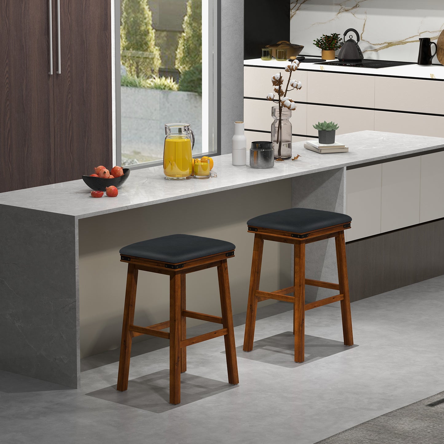 Set of 2 Upholstered Bar Stool 76cm Backless Height Bar with Footrest-Brown