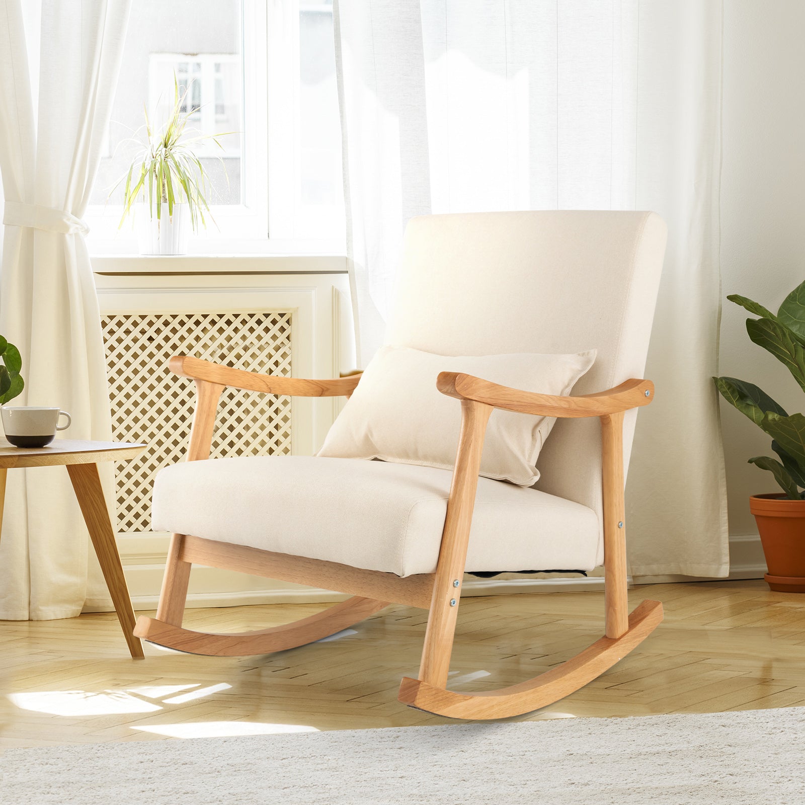 Arch Rocking Chair Upholstered Rocking Chair Modern Rocker with Rubber Wood Frame-Beige ...