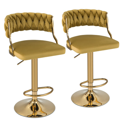 Upholstered Velvet Adjustable Bar Stools with Footrests for Kitchen Island-Yellow