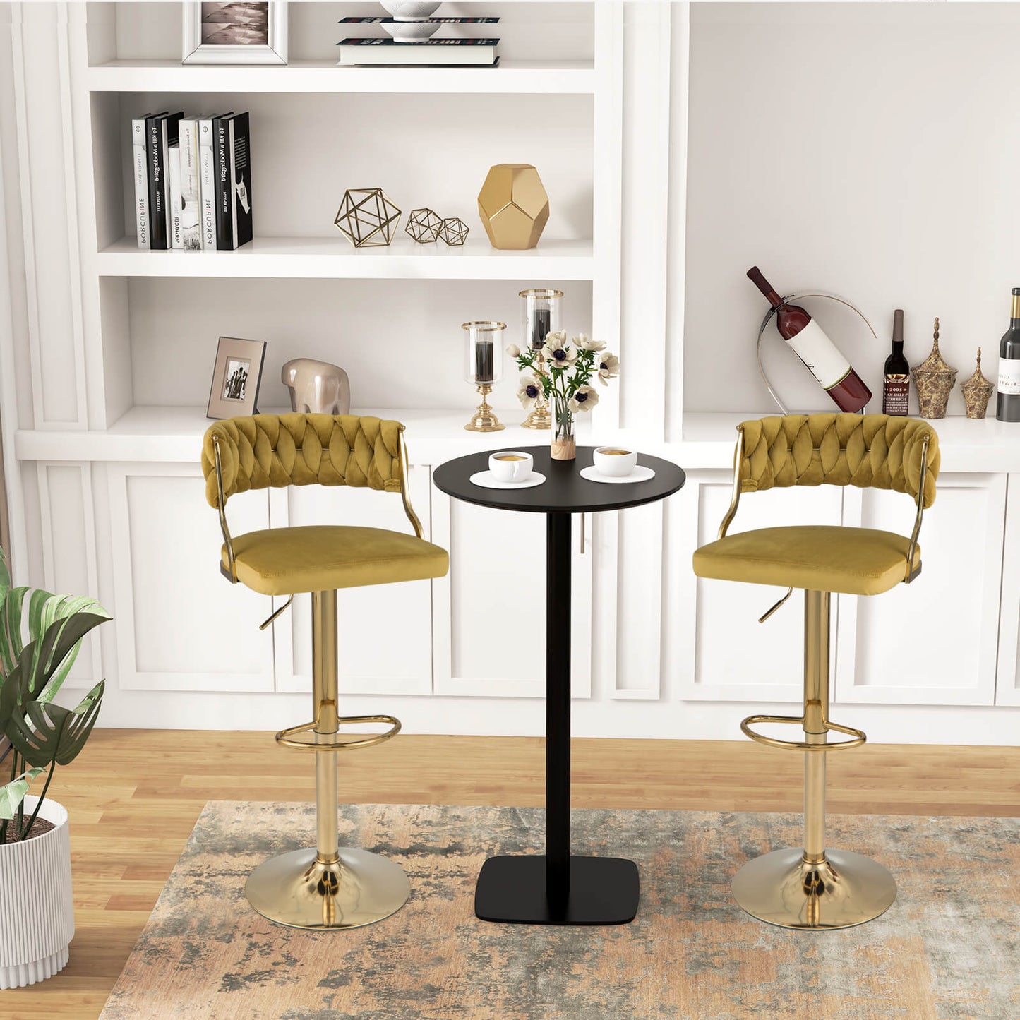 Upholstered Velvet Adjustable Bar Stools with Footrests for Kitchen Island-Yellow