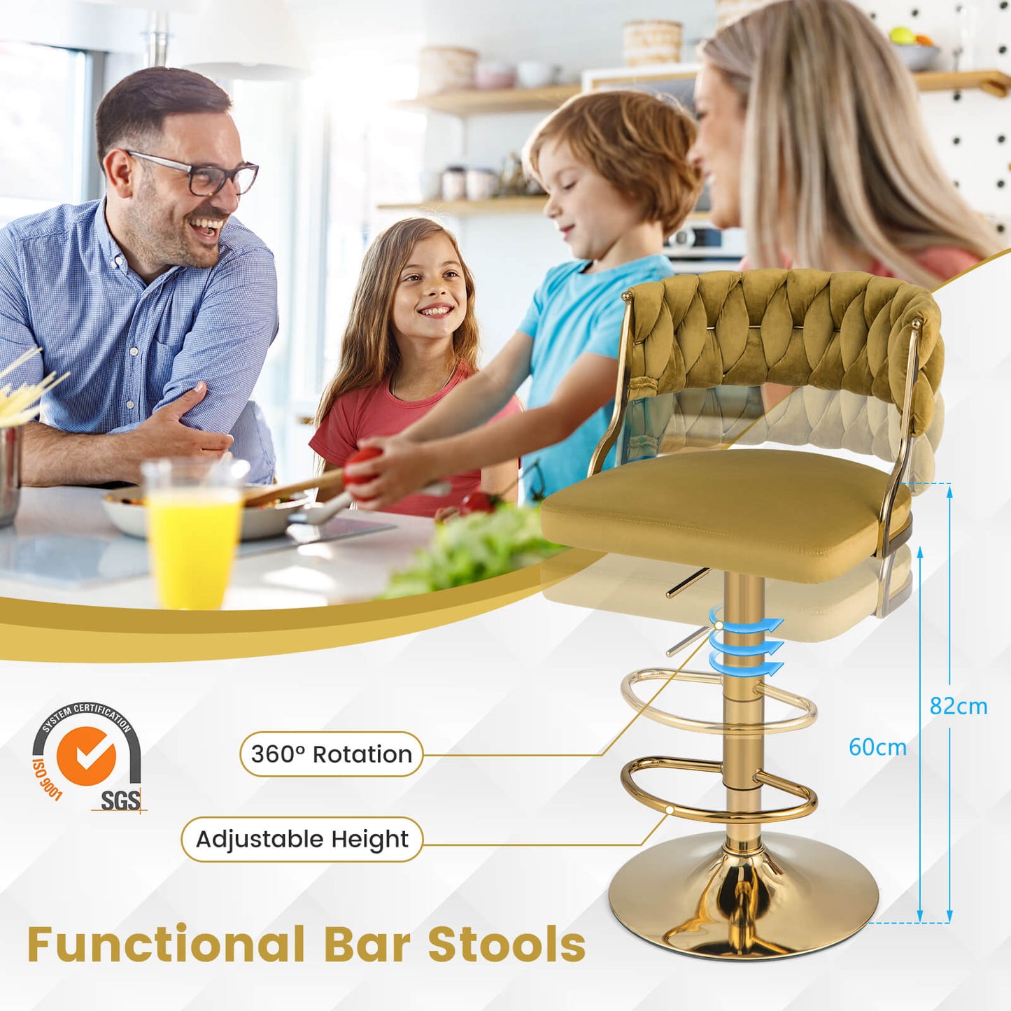 Upholstered Velvet Adjustable Bar Stools with Footrests for Kitchen Island-Yellow