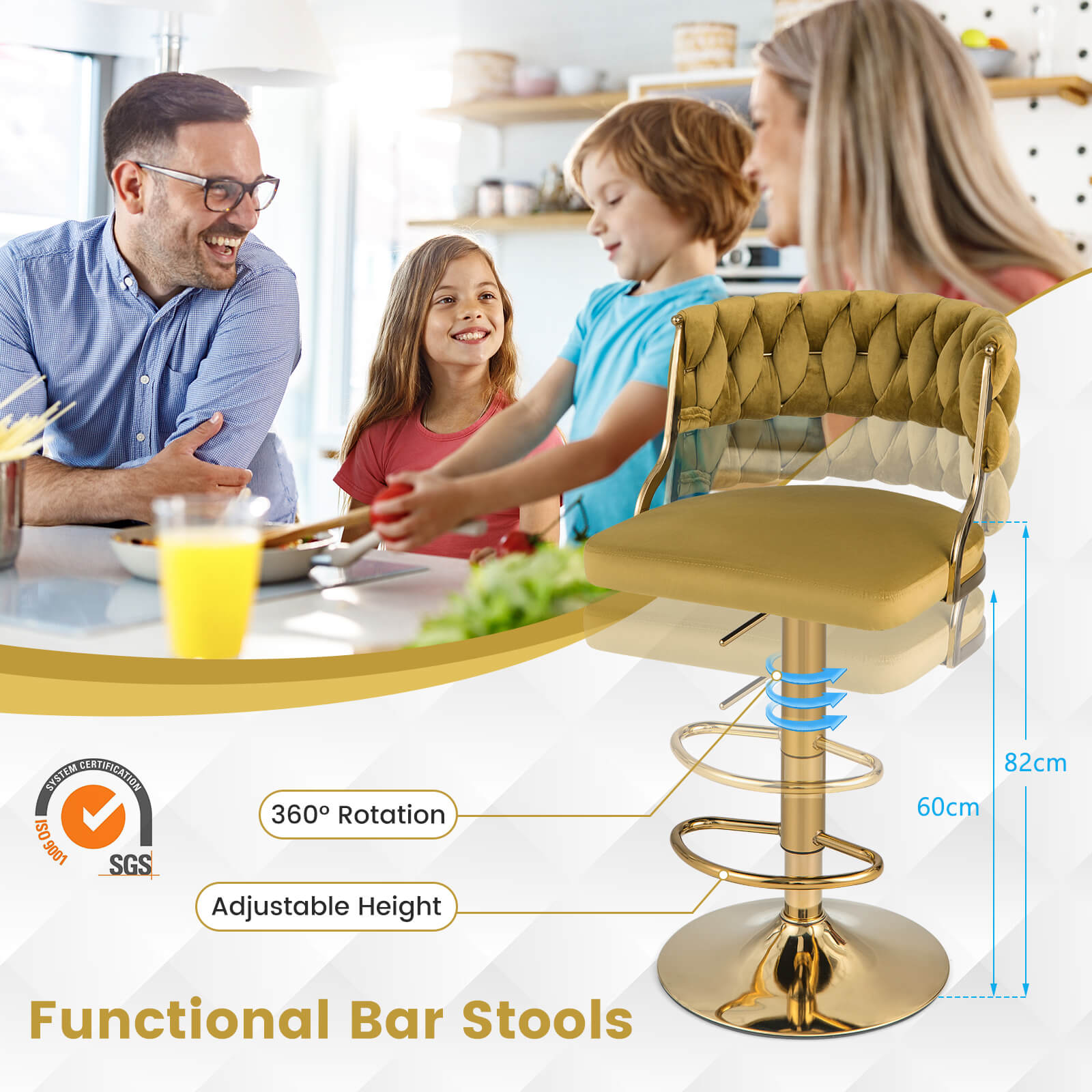 Upholstered Velvet Adjustable Bar Stools with Footrests for Kitchen Island-Yellow