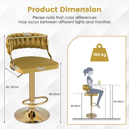 Upholstered Velvet Adjustable Bar Stools with Footrests for Kitchen Island-Yellow