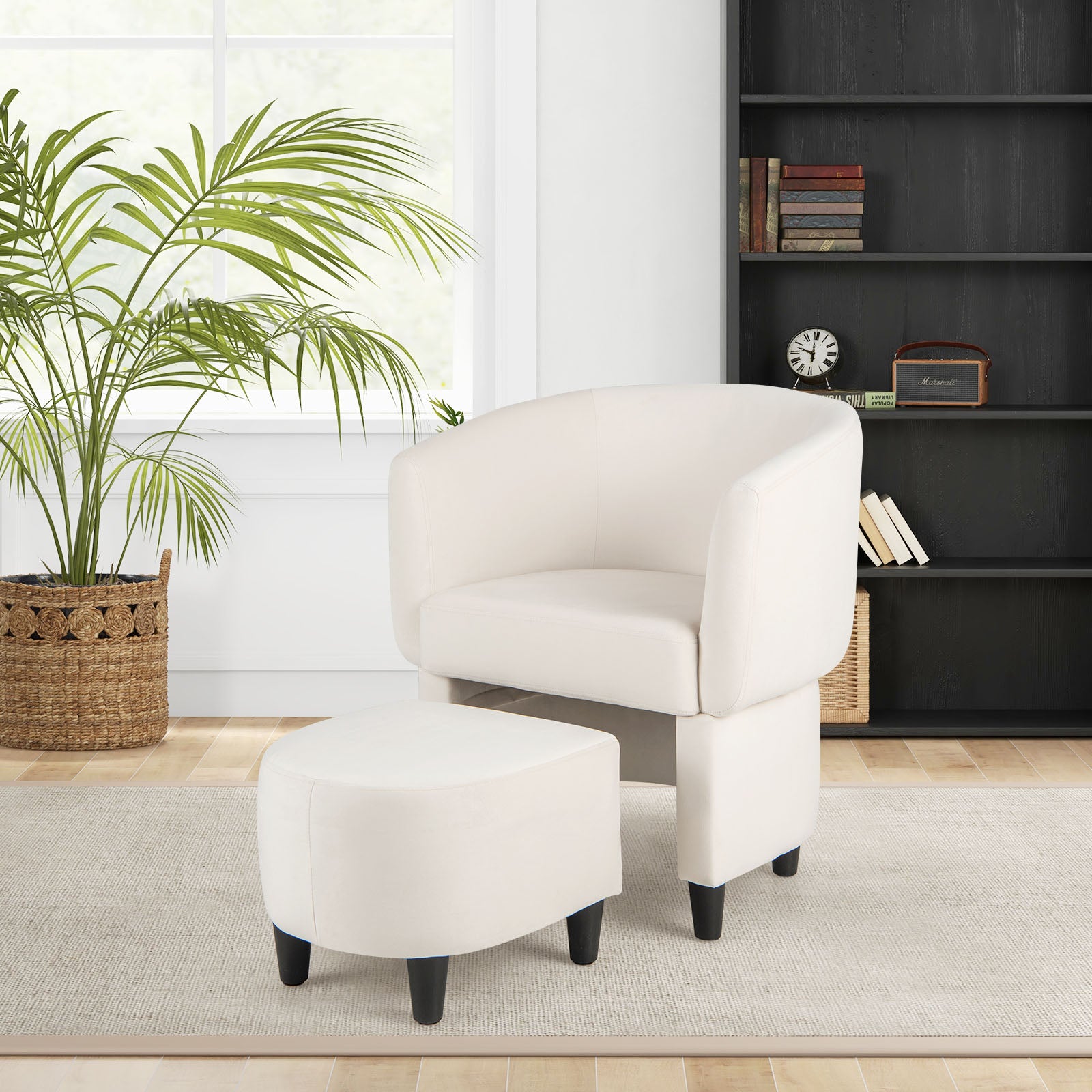 Upholstered Velvet Barrel Chair Modern Club Chair with Ottoman-Beige