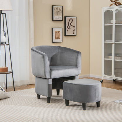 Upholstered Velvet Barrel Chair Modern Club Chair with Ottoman-Grey