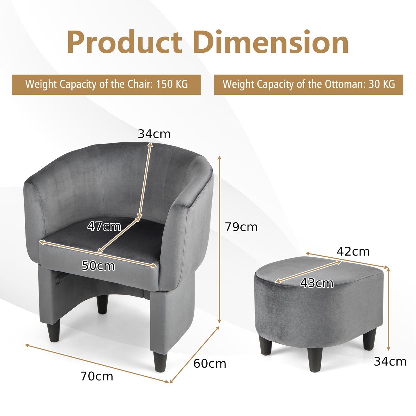 Upholstered Velvet Barrel Chair Modern Club Chair with Ottoman-Grey