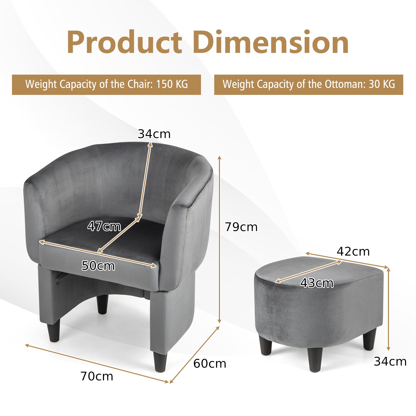 Upholstered Velvet Barrel Chair Modern Club Chair with Ottoman-Grey