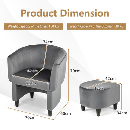 Upholstered Velvet Barrel Chair Modern Club Chair with Ottoman-Grey