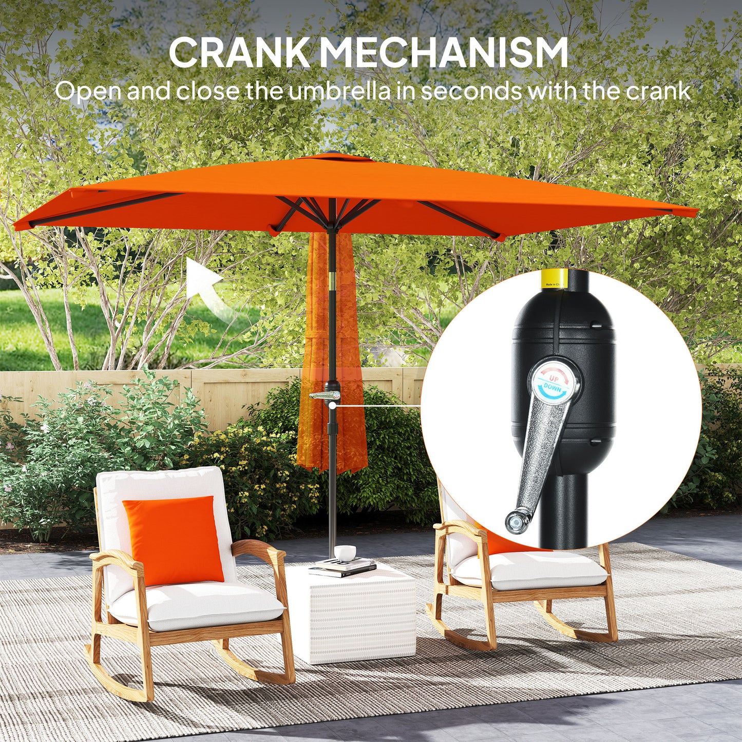 Outsunny 3x2m Patio Parasol Garden Umbrellas Canopy with Aluminium Tilt Crank Rectangular Sun Shade Steel, Orange