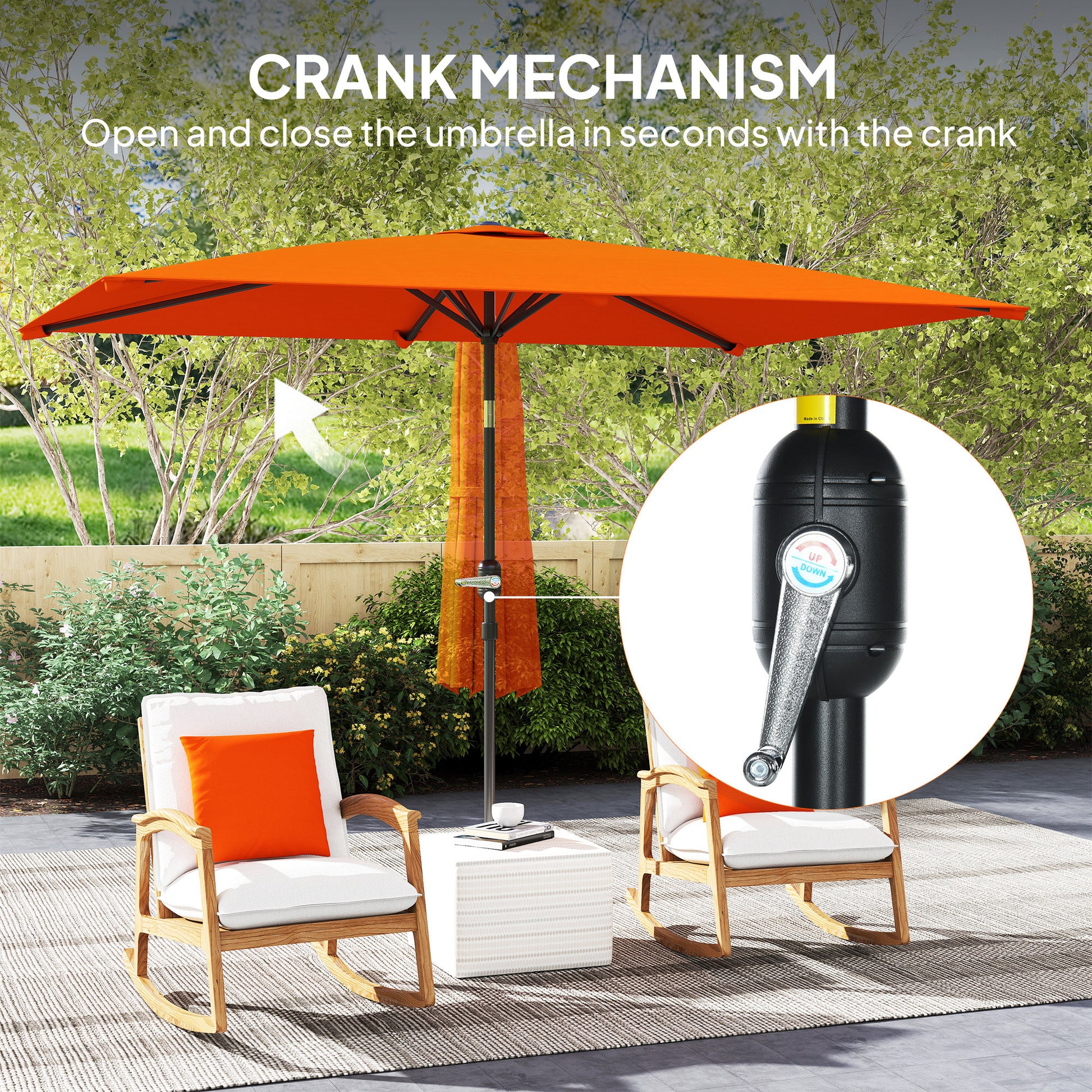 Outsunny 3x2m Patio Parasol Garden Umbrellas Canopy with Aluminium Tilt Crank Rectangular Sun Shade Steel, Orange