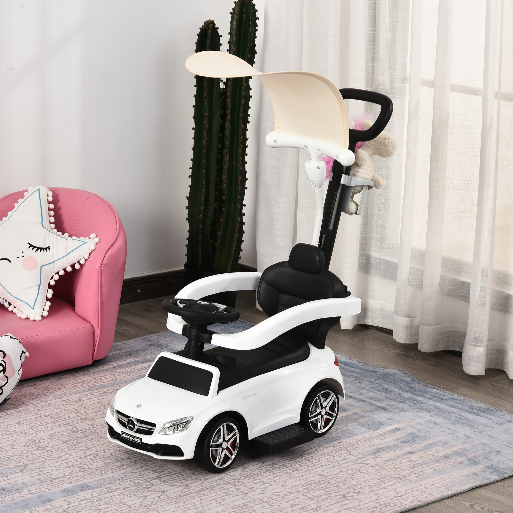 HOMCOM 3 in 1 Ride On Push Along Car Mercedes Benz for Toddlers Stroller Sliding Walking Car with Horn Sound Safety Bar for 1-3 Years