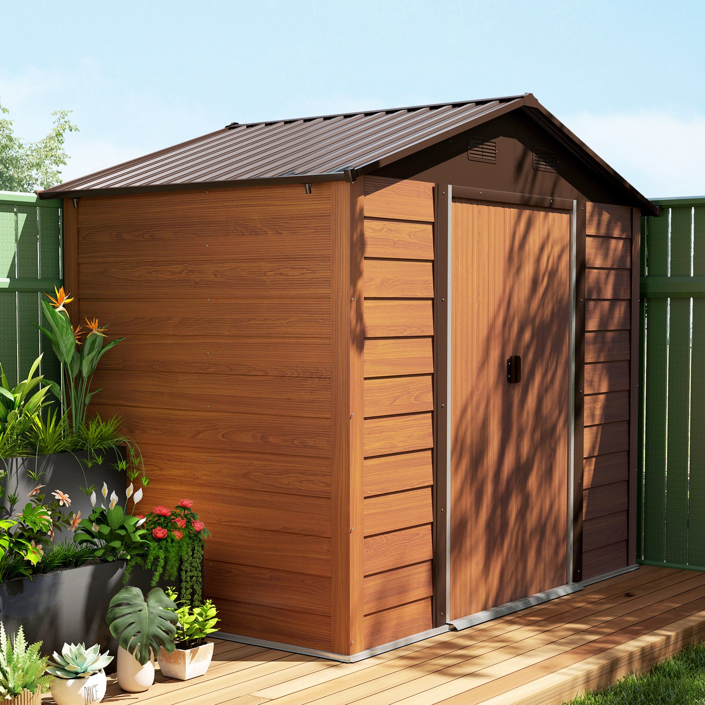 Outsunny 8 x 6ft Garden Storage Shed with Sliding Door - Brown Wood Effect
