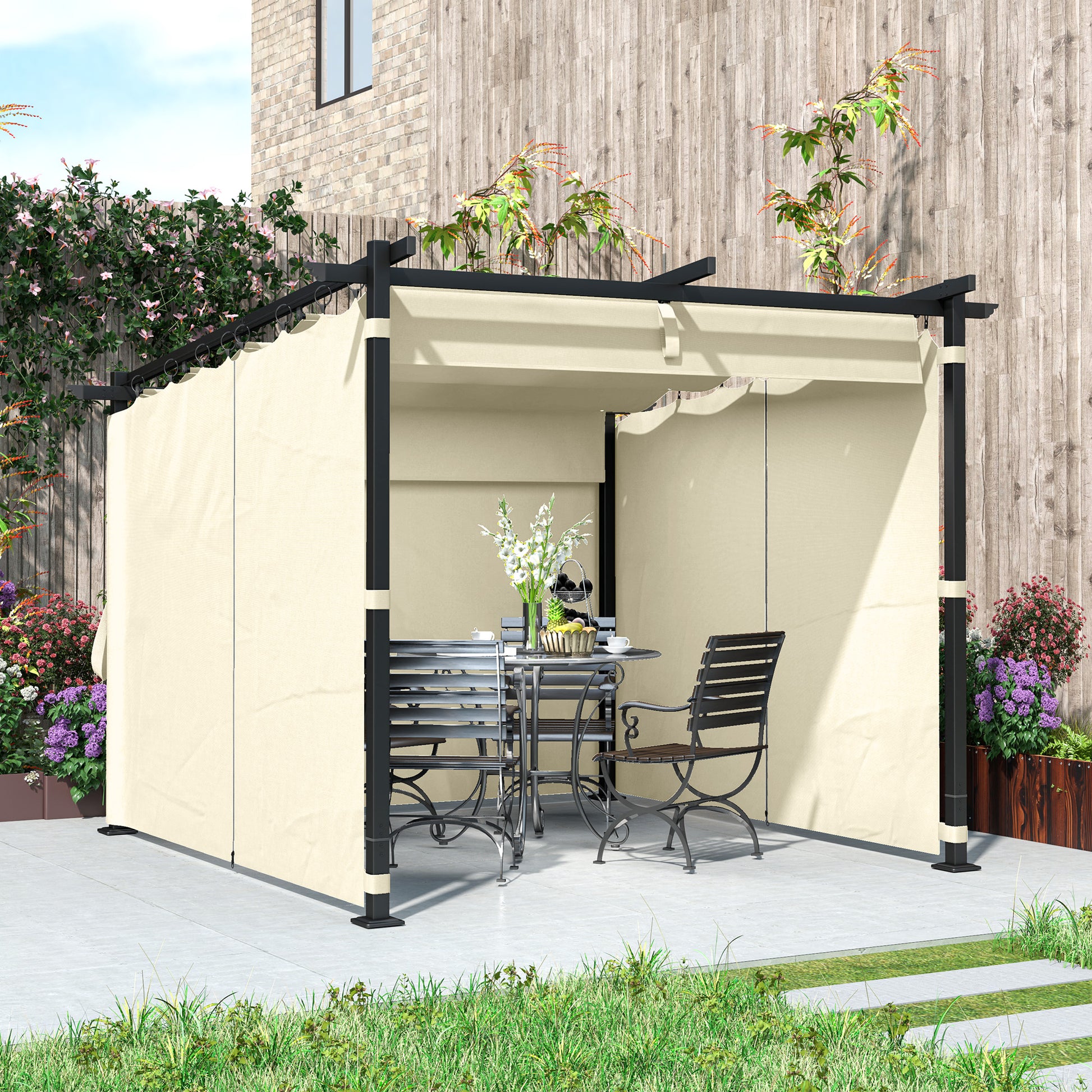 Outsunny 3 x 3 m Retractable Roof Pergola, with Curtains - Beige