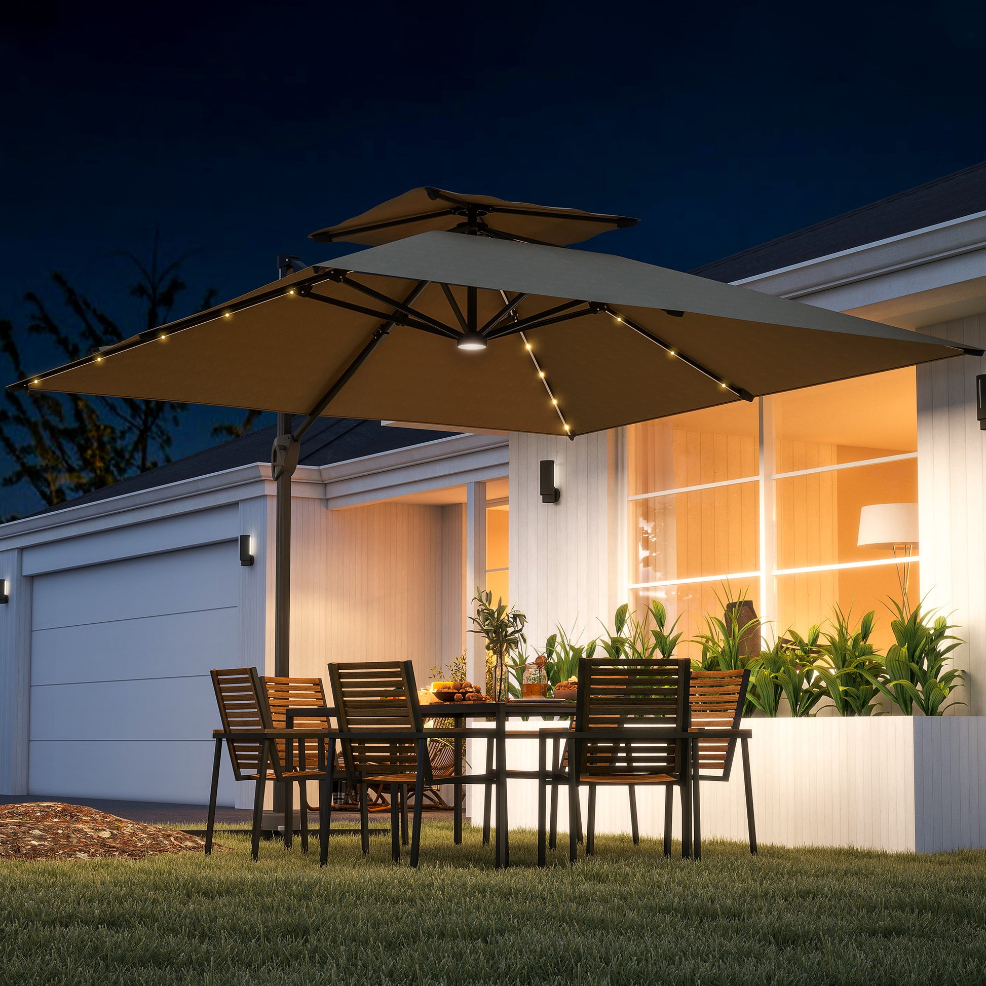 Outsunny 3.5x3 m Garden Cantilever Parasol with Solar LED Lights and Centre Light, UPF50+ Aluminium Patio Umbrella with 360° Rotation and Tilt, Hanging Sun Shade with Cross Base, Crank Handle, Khaki