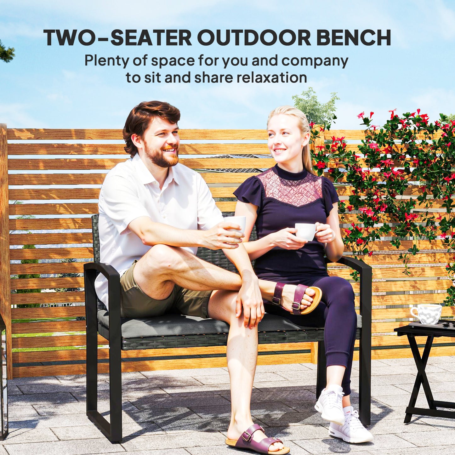 Outsunny Two-Seater Rattan Garden Bench - Grey/Black