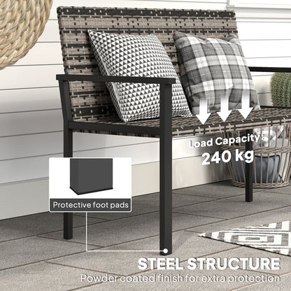 Outsunny 2 Seater Rattan Garden Bench, Outdoor Bench with Quick-Drying Cotton Padding, Wicker Garden Loveseat with Armrests, Steel Frame for Patio, Park, Mixed Grey