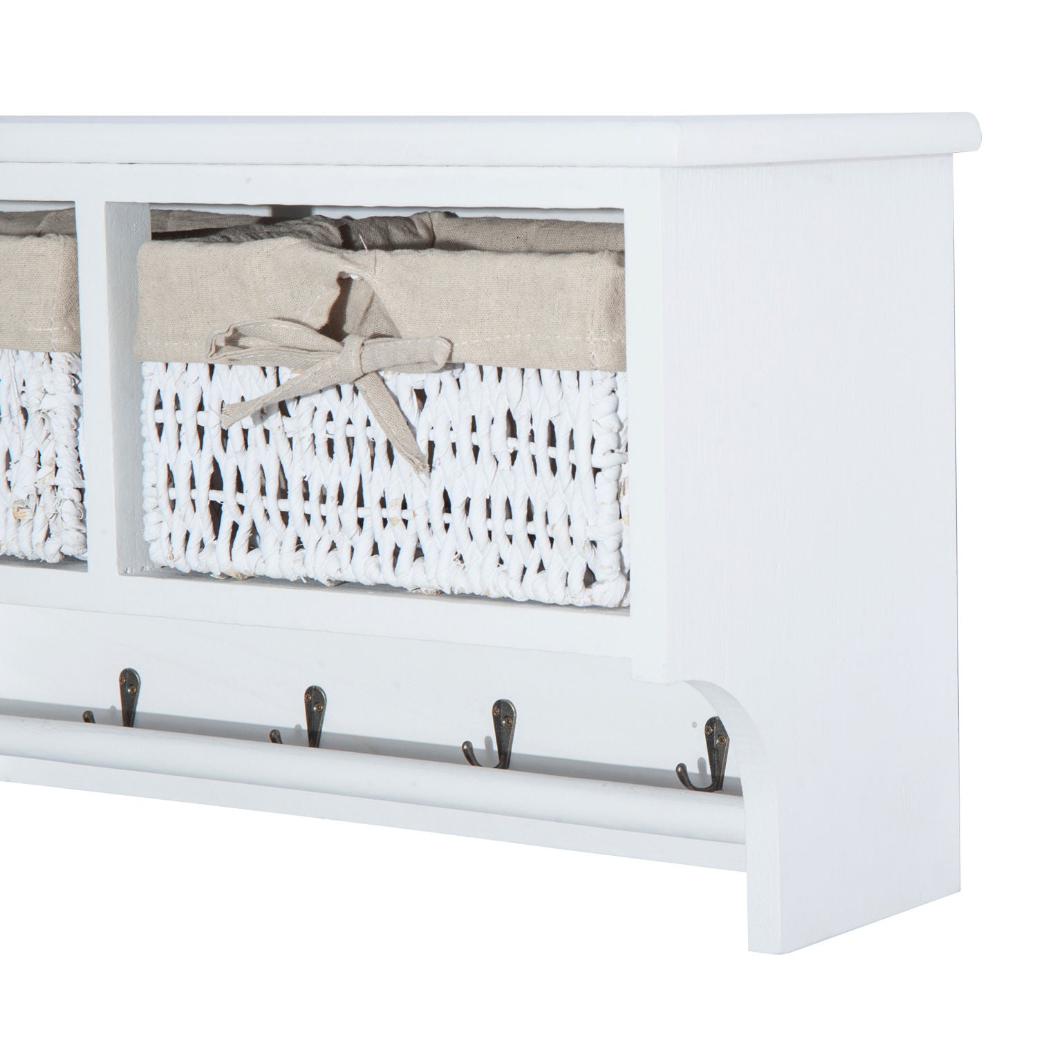 HOMCOM Entryway Coat Rack Wall Mounted Shelf w/Wicker Basket and Hooks (2 Baskets, White)