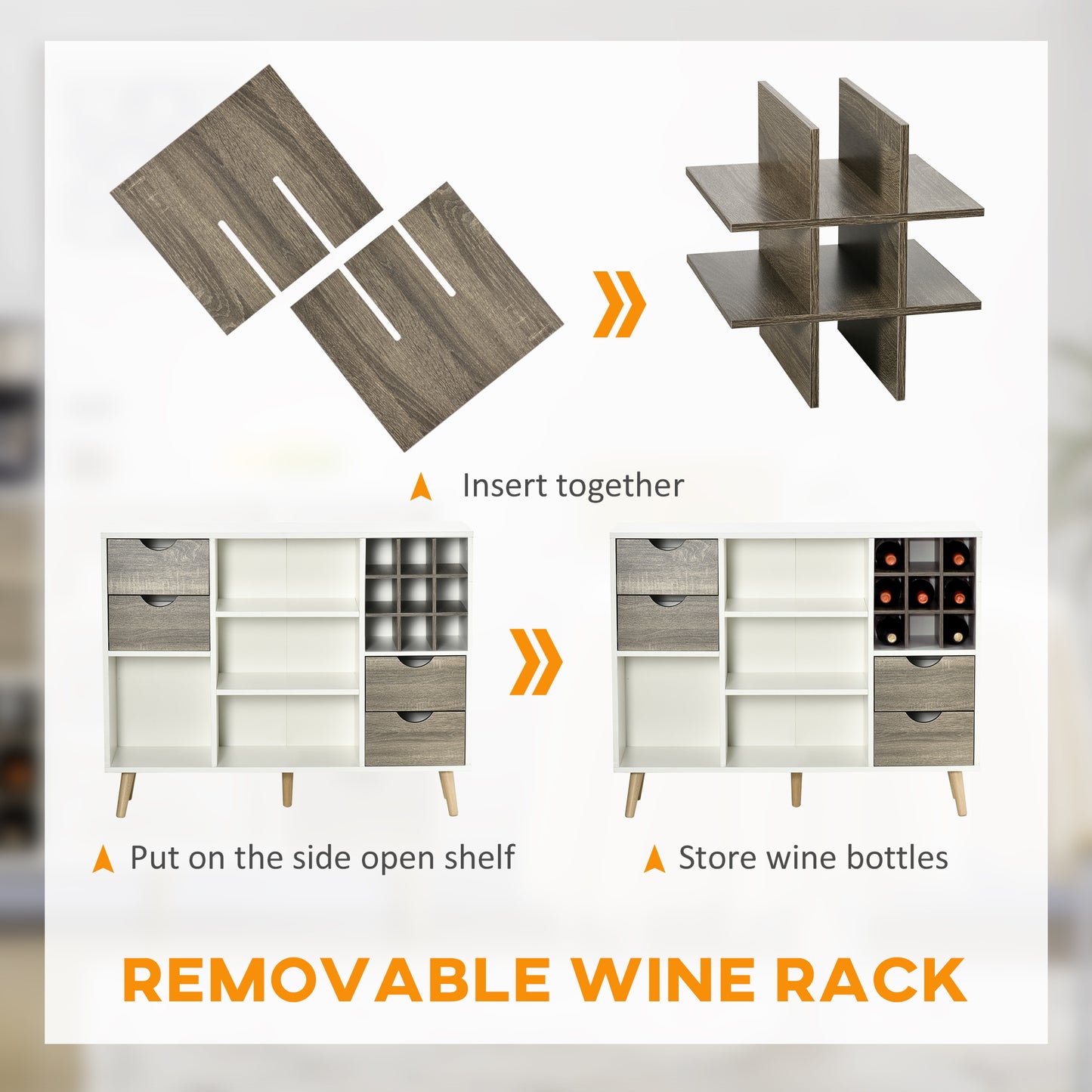 HOMCOM Modern Kitchen Sideboard, Buffet Table with Removable Wine Rack, Drawers and Open Compartments for Living Room, Dining Room, Grey