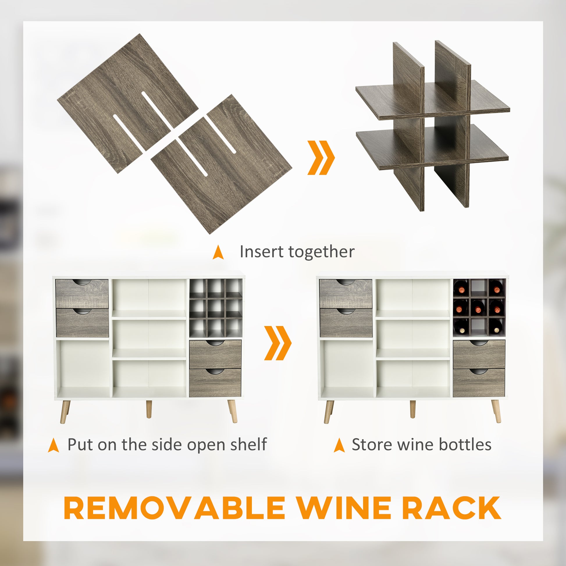 HOMCOM Modern Kitchen Sideboard, Buffet Table with Removable Wine Rack, Drawers and Open Compartments for Living Room, Dining Room, Grey